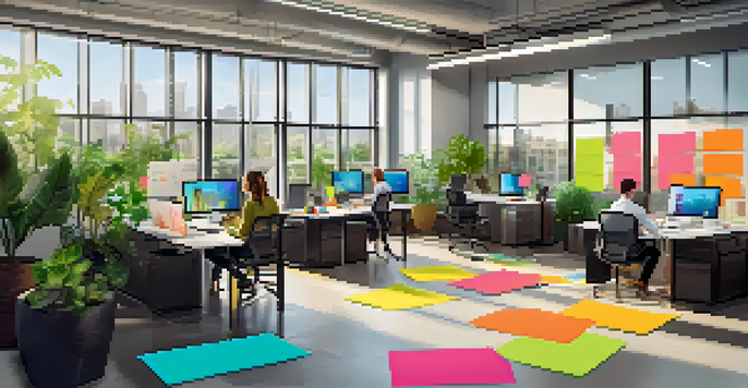 A group of colleagues working together in a bright office, surrounded by plants and colorful notes on the wall.