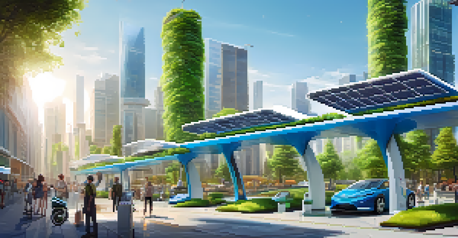 A futuristic city with solar panels, electric vehicles, and people using digital devices among greenery.
