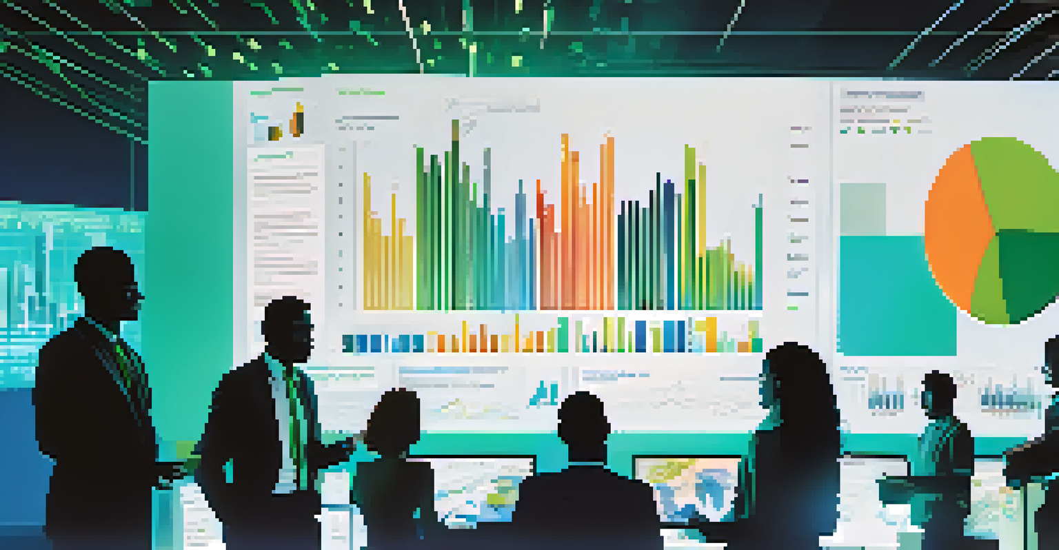 An abstract image showing a digital screen with colorful graphs and charts, professionals analyzing data in the background.
