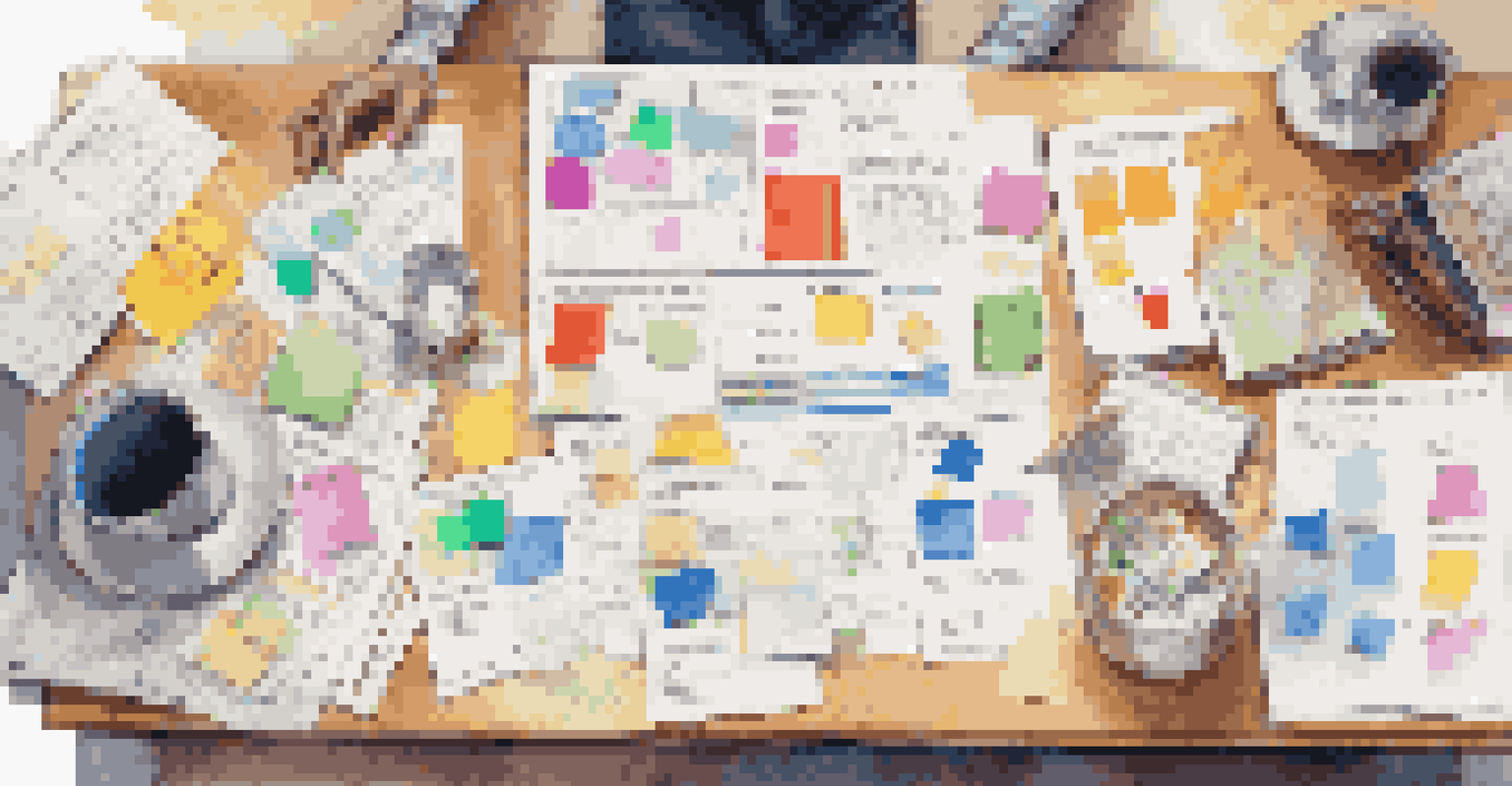 An overhead view of a table with charts and notes used for planning a crowdfunding campaign.