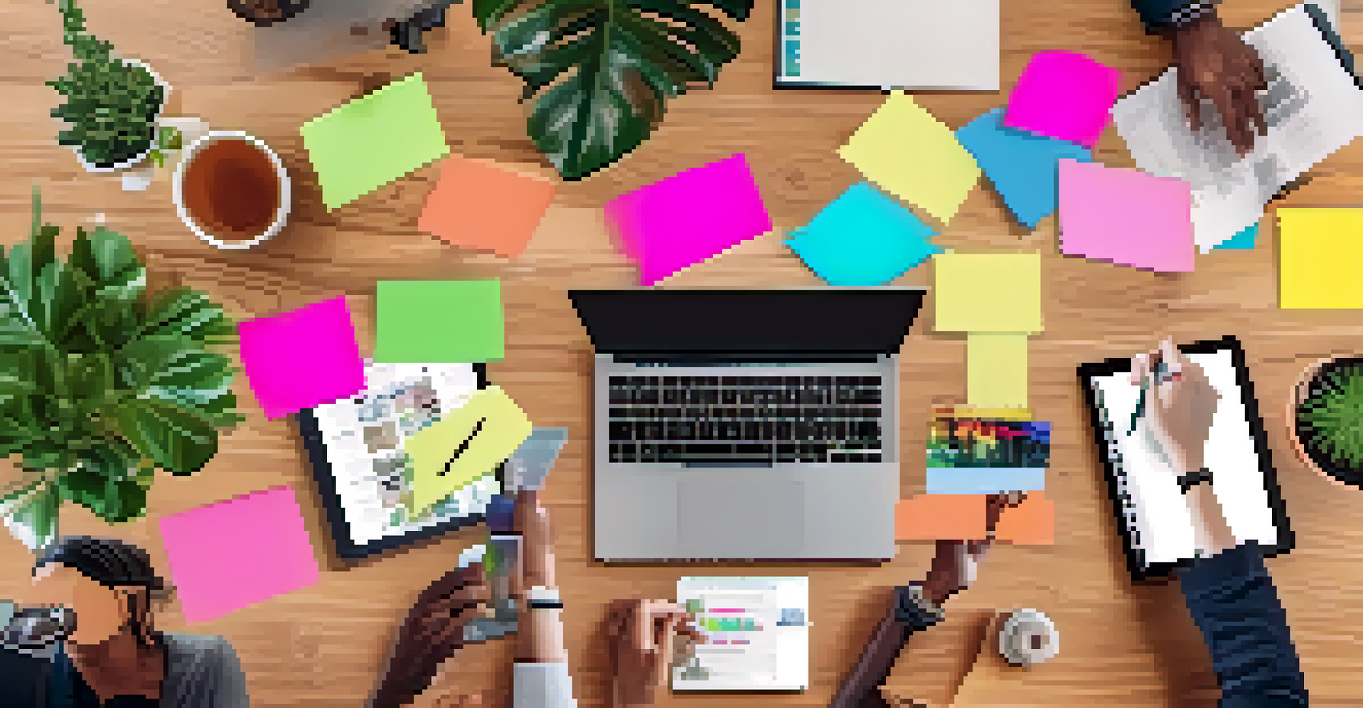 Close-up of diverse hands working together on a project at a table, surrounded by colorful sticky notes and laptops.