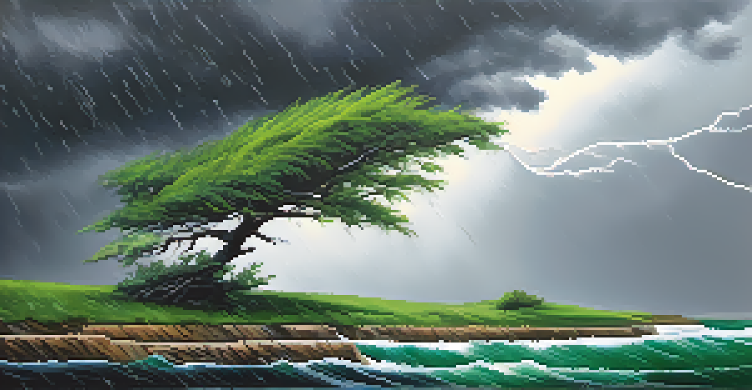 A close-up of a strong tree bending in the wind during a storm, with dark clouds in the background.