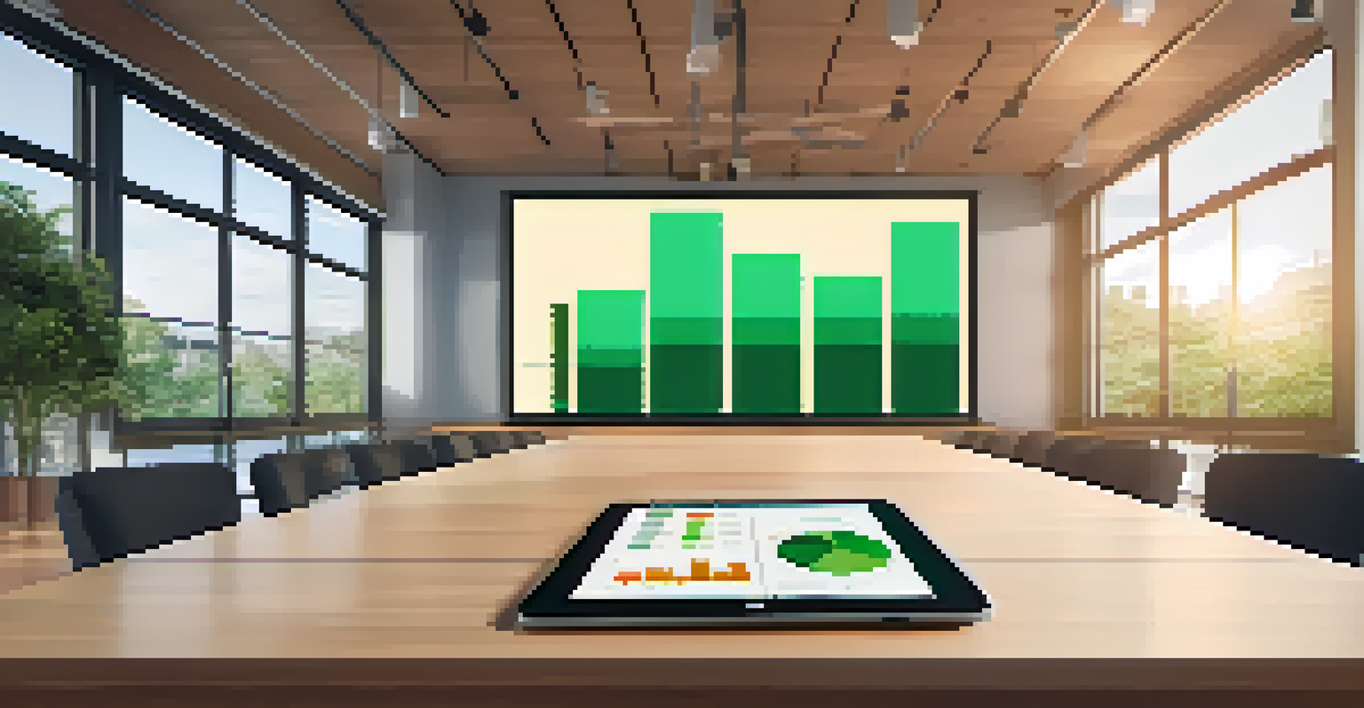 A tablet showing interactive data visualizations, including a pie chart and bar graph, in a cozy meeting room.