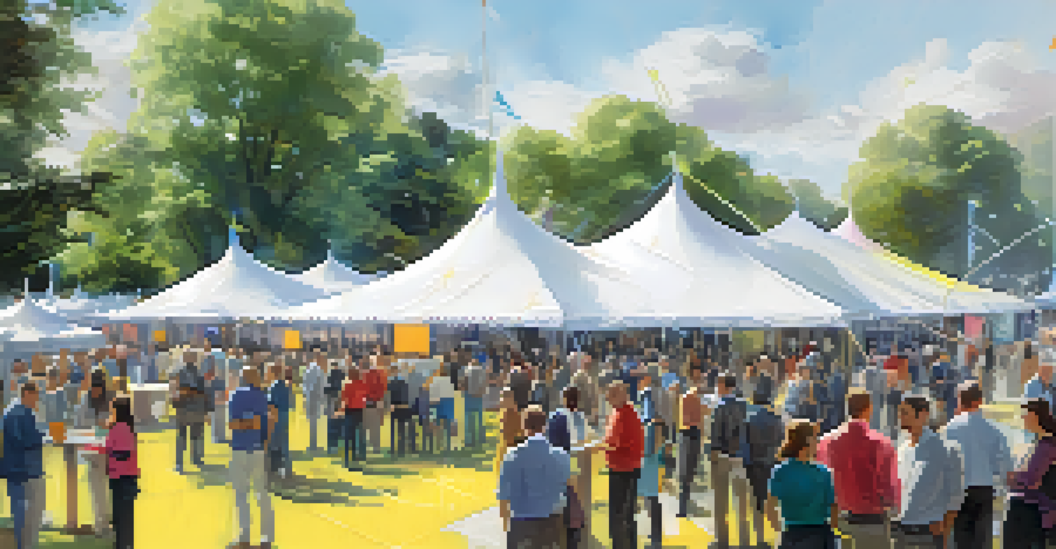 An outdoor tech conference with attendees networking under tents, surrounded by technology displays and colorful banners.