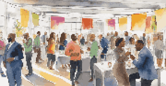 A diverse group of entrepreneurs networking at an event, surrounded by colorful banners and booths.