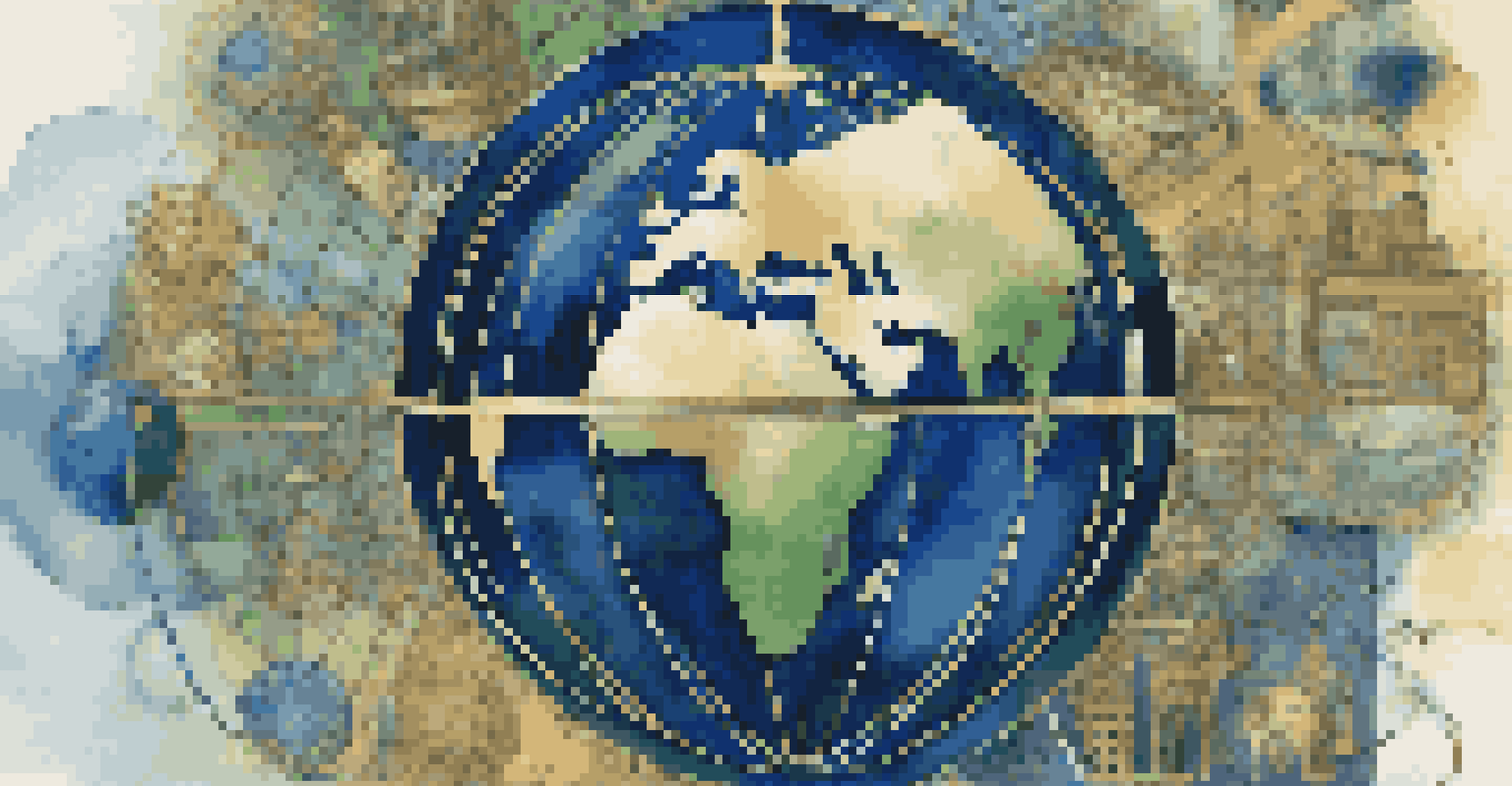 An abstract representation of global corporate governance with a globe and interconnected lines and icons.