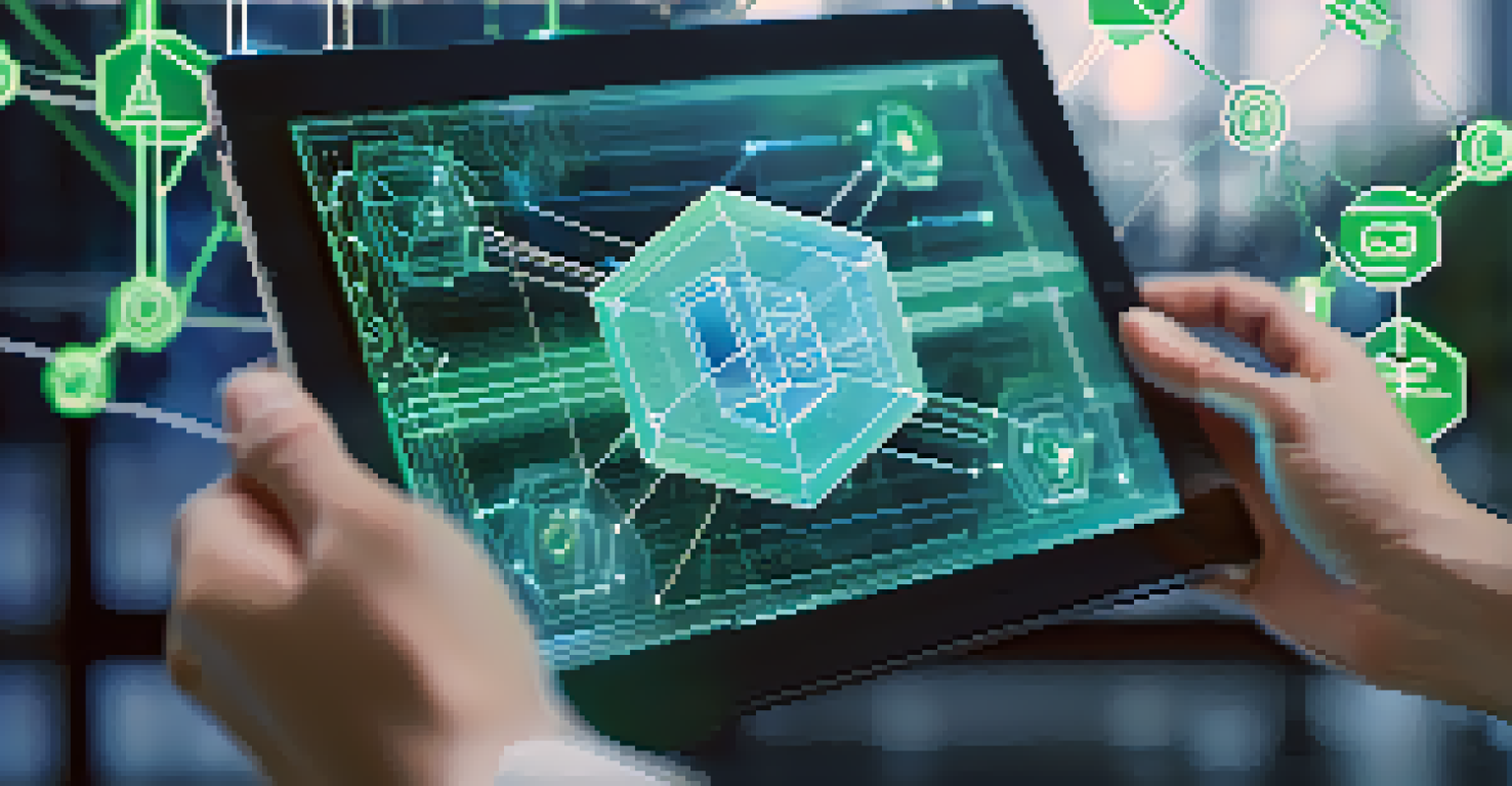 A hand holding a digital tablet displaying a blockchain network visualization in a modern office.