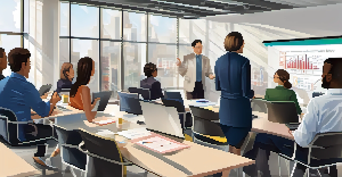 A diverse group of employees participating in a corporate training session in a well-lit office, with a trainer presenting at the front.