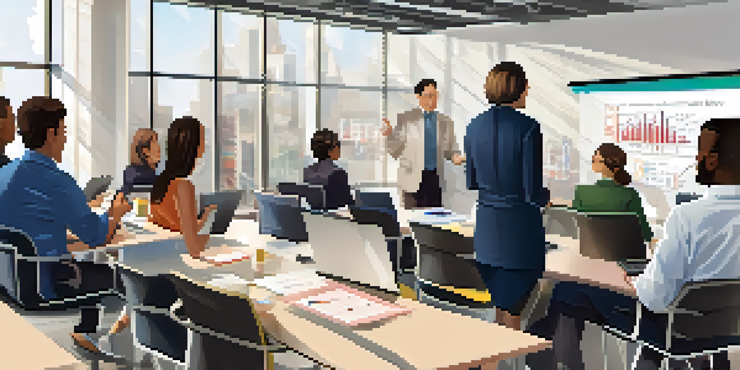 A diverse group of employees participating in a corporate training session in a well-lit office, with a trainer presenting at the front.