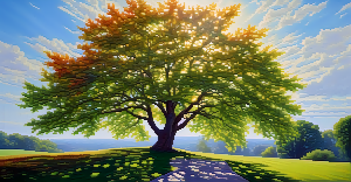 A peaceful landscape with a green tree symbolizing innovation, colorful leaves, and sunlight filtering through branches.