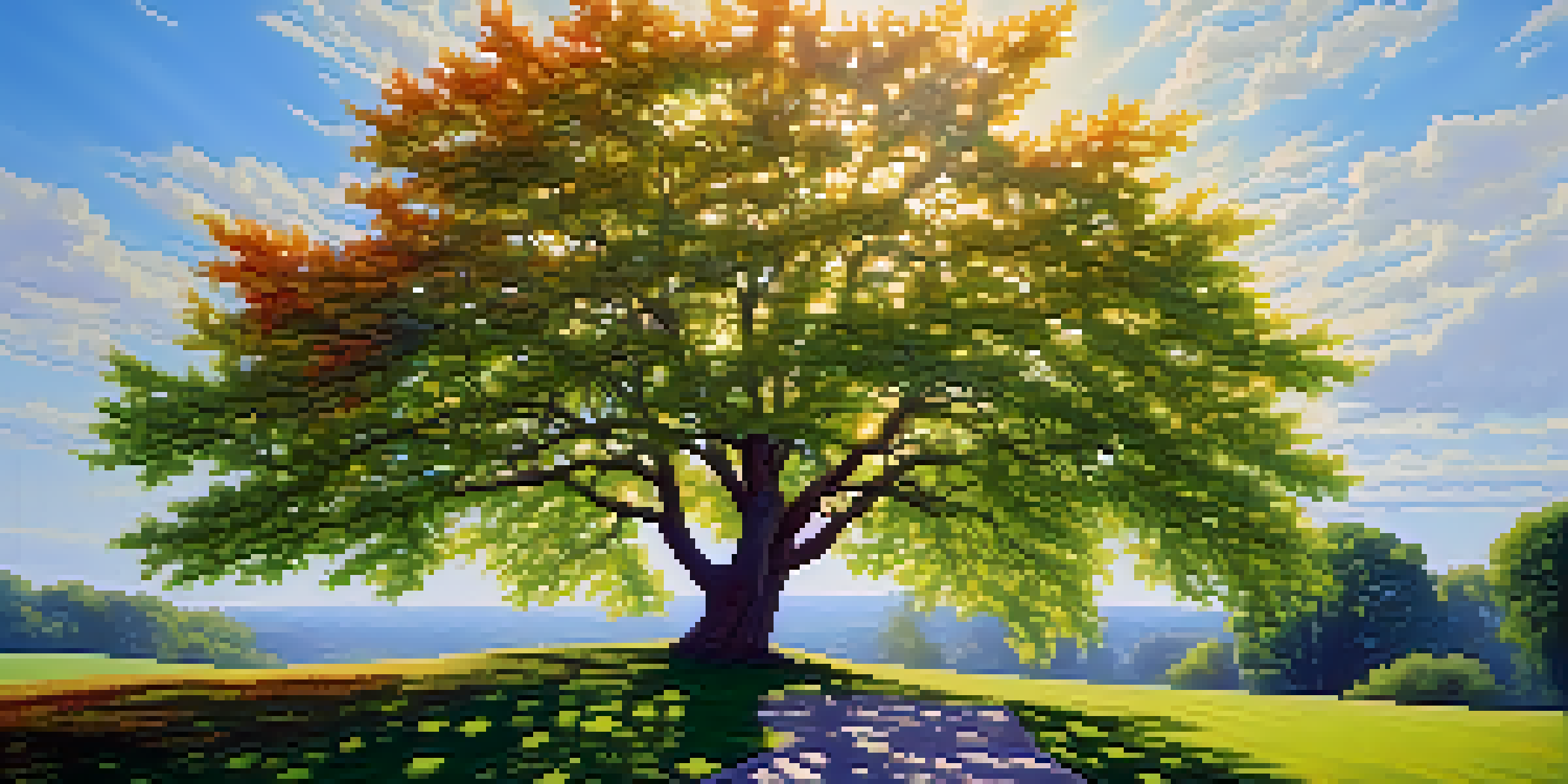 A peaceful landscape with a green tree symbolizing innovation, colorful leaves, and sunlight filtering through branches.