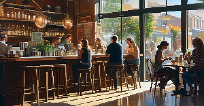 A lively café filled with diverse customers enjoying drinks and conversations, with sunlight streaming through windows and a barista preparing coffee.