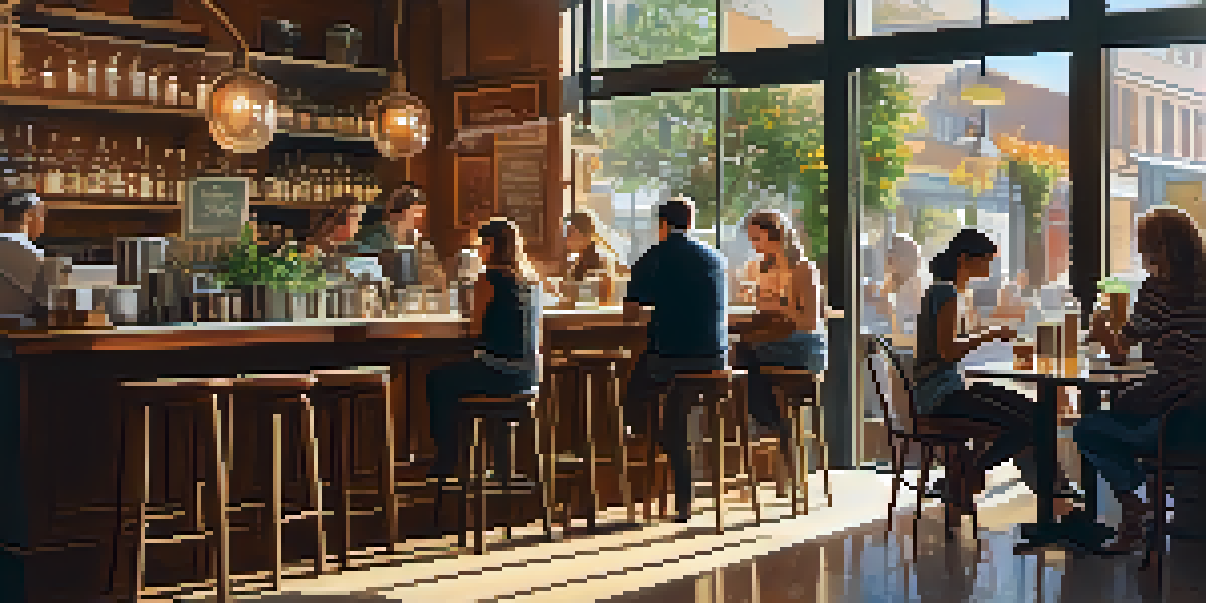 A lively café filled with diverse customers enjoying drinks and conversations, with sunlight streaming through windows and a barista preparing coffee.