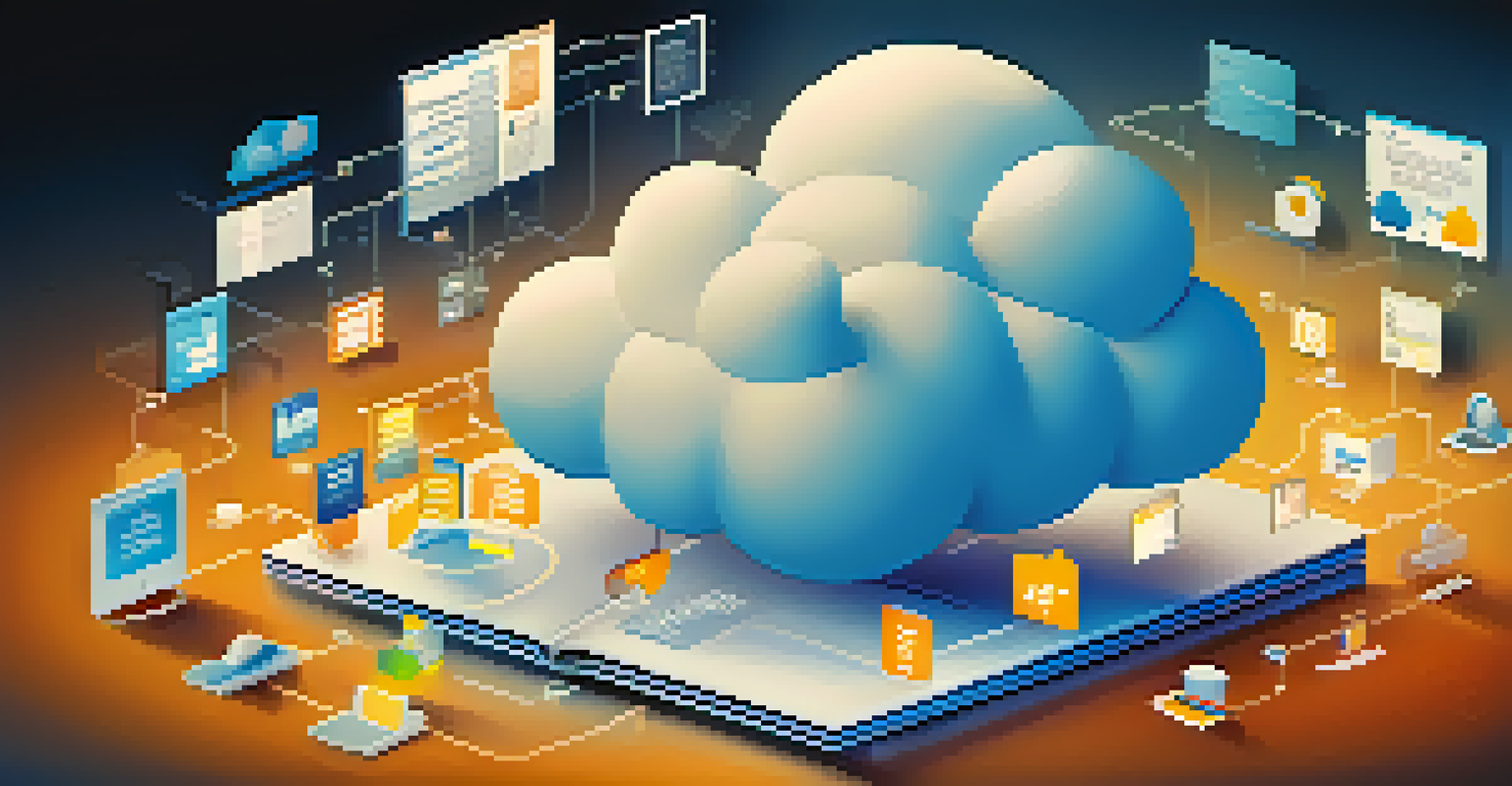 An illustration of a cloud with icons representing documents and applications, symbolizing cloud-based solutions.