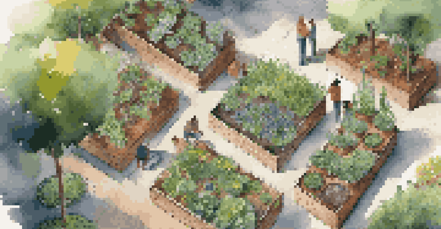 A community garden scene with diverse individuals planting and discussing ideas, representing engagement and teamwork.