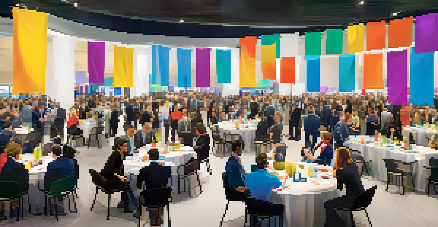 A dynamic recruitment event in a conference hall, showcasing job seekers networking with recruiters at colorful booths.