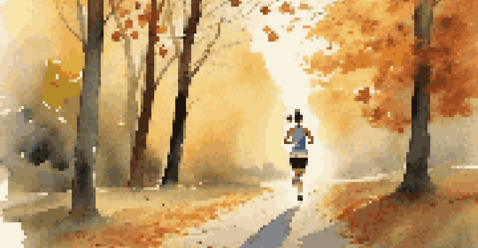 A person jogging in a park during sunrise, surrounded by trees and autumn leaves, creating a peaceful and energetic atmosphere.