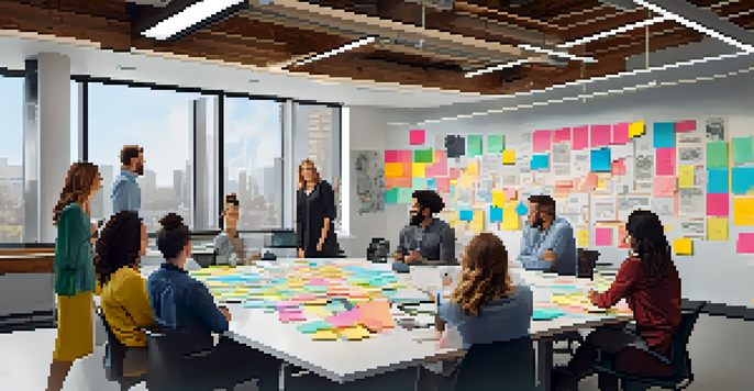 A diverse group of people in a bright modern office engaged in a brainstorming session with sticky notes and sketches on a table.