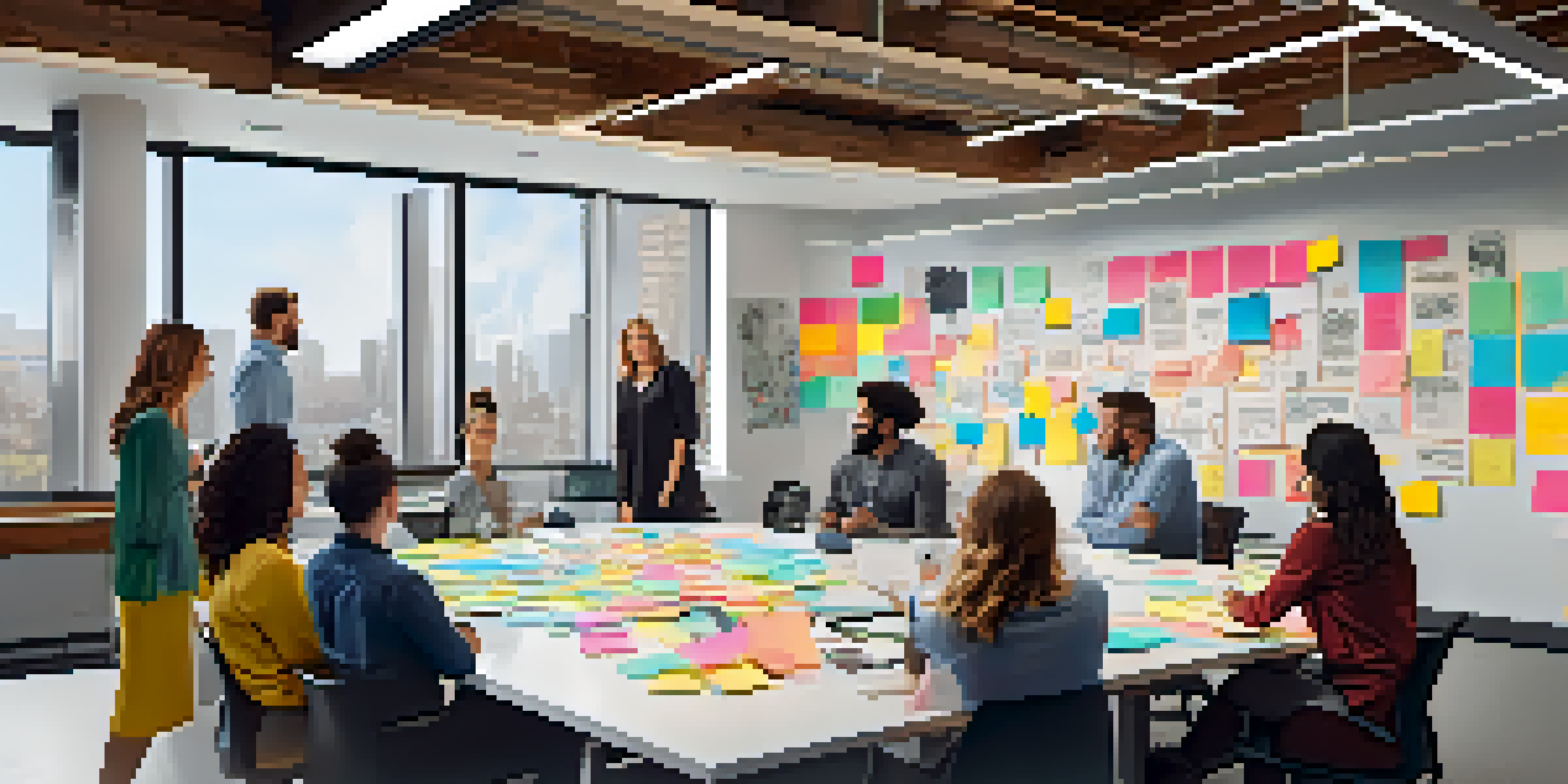 A diverse group of people in a bright modern office engaged in a brainstorming session with sticky notes and sketches on a table.