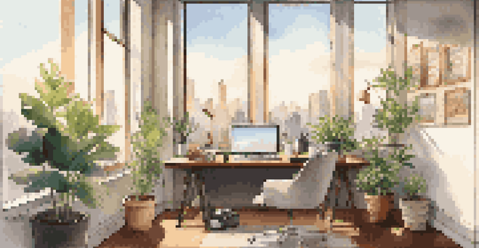 A tranquil office setting with a city view, featuring a desk with a laptop and coffee, bathed in soft sunlight.