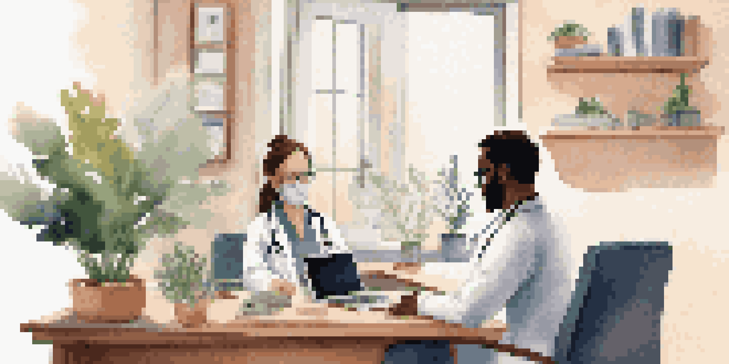 A doctor and a patient having a video consultation in a cozy home office, with a laptop displaying the call.