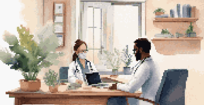 A doctor and a patient having a video consultation in a cozy home office, with a laptop displaying the call.