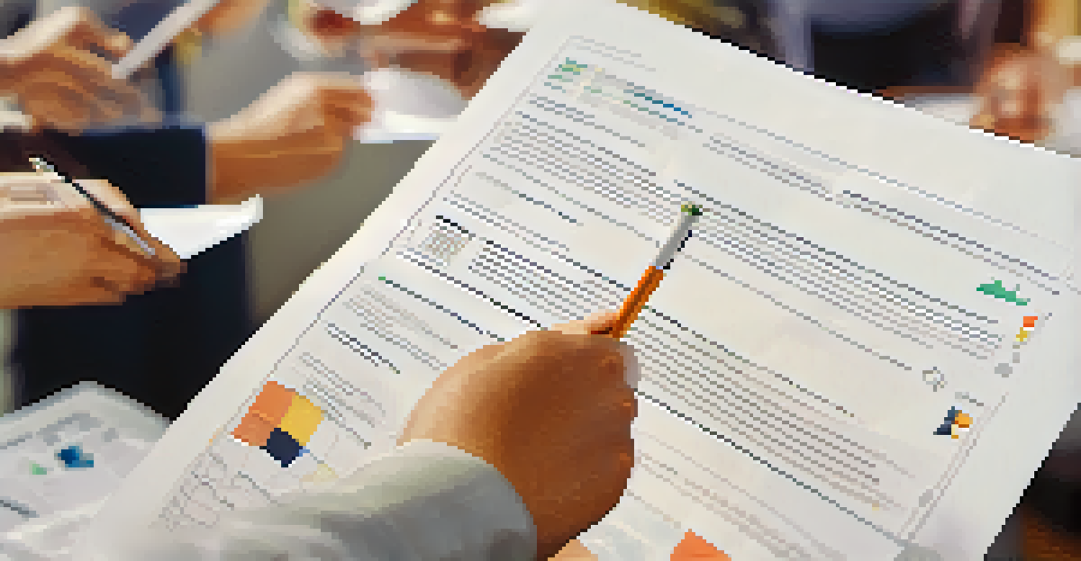 A close-up of hands holding a feedback survey with a diverse team discussing in the background.