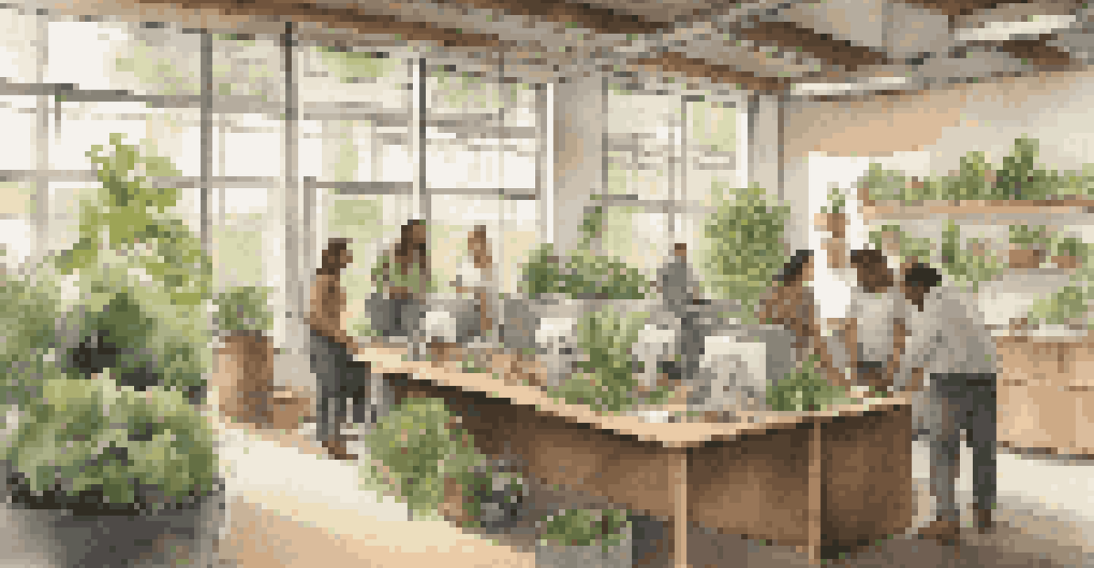 Employees participating in eco-friendly practices in a bright, green office space.