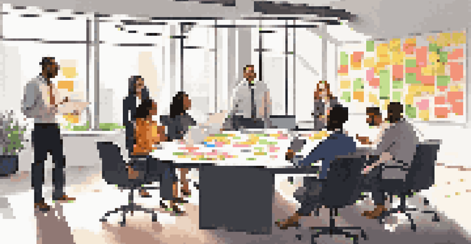 A diverse group of sales team members collaborating around a round table in a bright office, with sticky notes and a whiteboard visible.