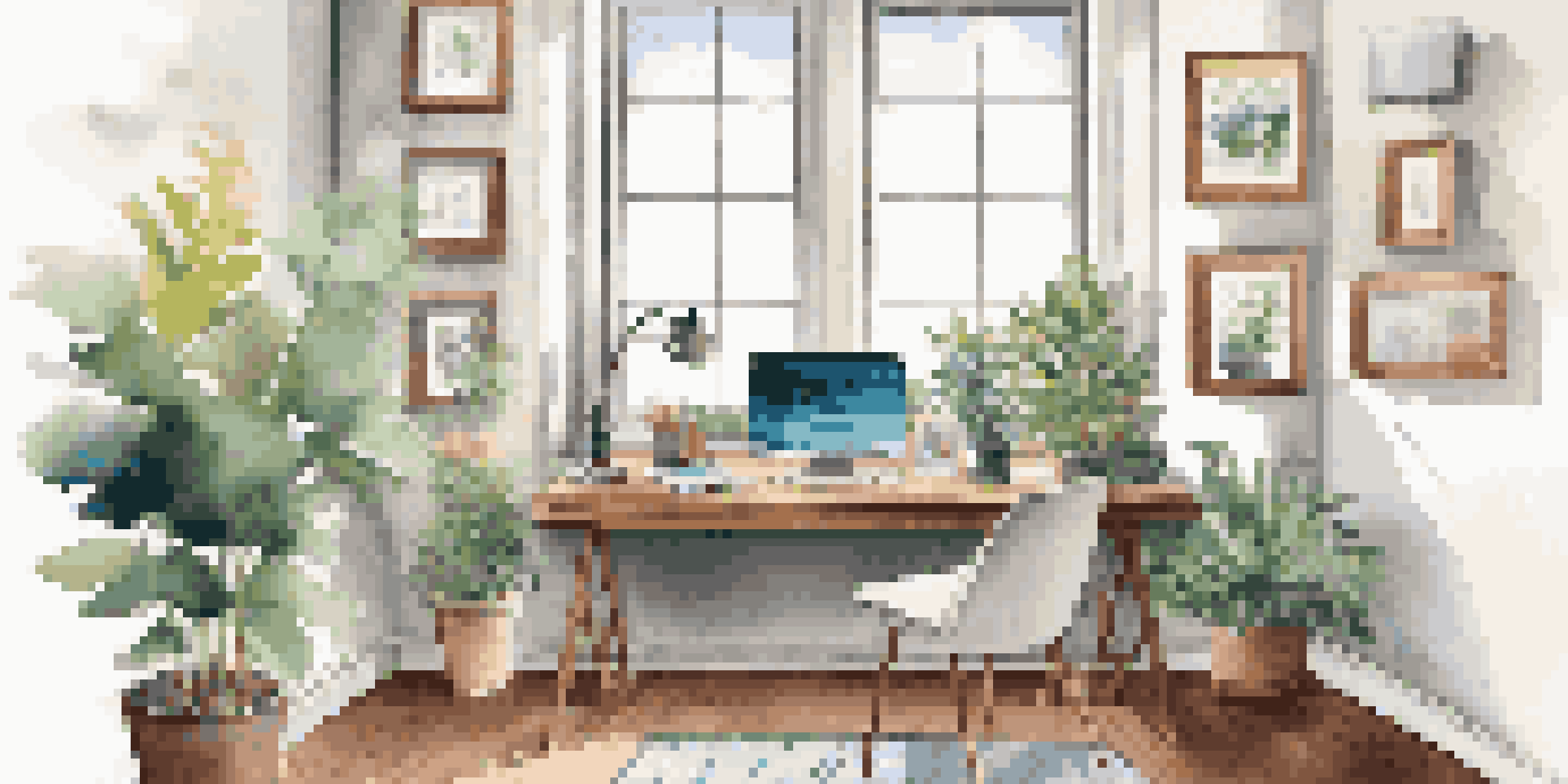 A bright and organized home office space with a laptop, coffee mug, and potted plant, illuminated by natural light.