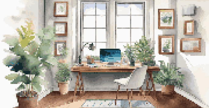 A bright and organized home office space with a laptop, coffee mug, and potted plant, illuminated by natural light.