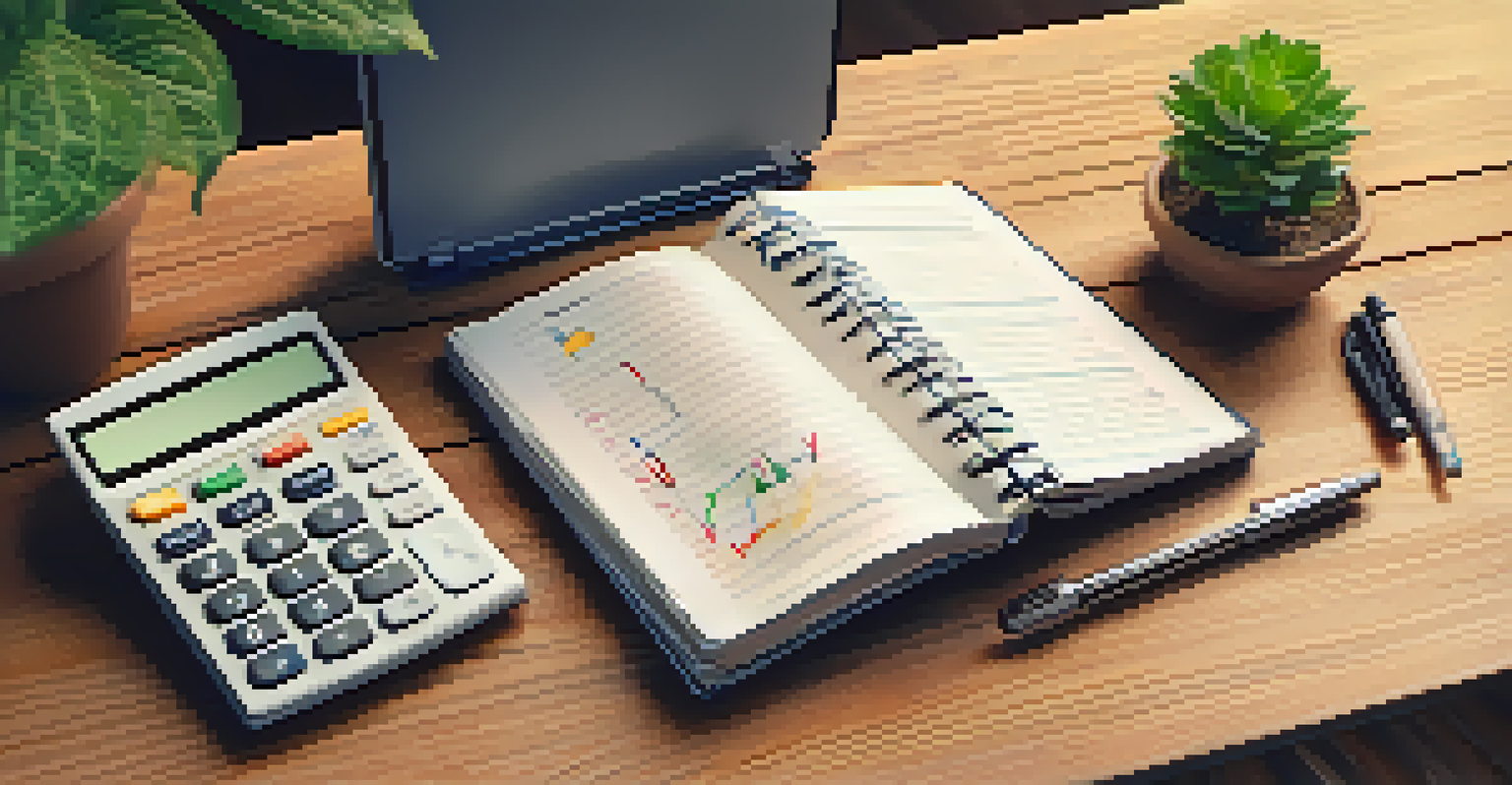 An open notebook with financial notes, a calculator, and a laptop on a wooden desk.