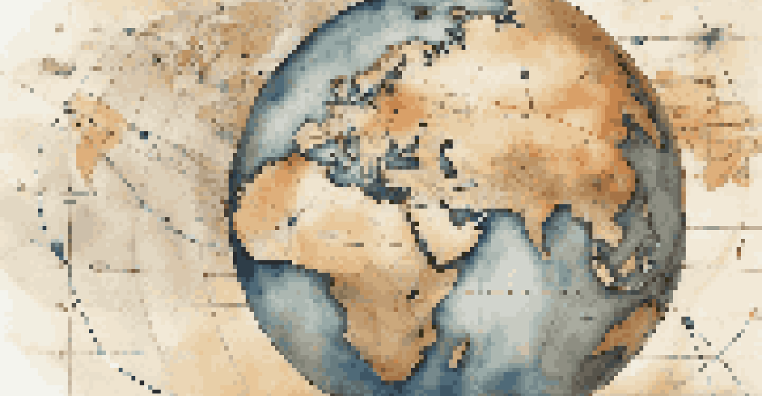 A globe with marked trade routes represented by dotted lines and arrows, set against financial charts and currency symbols.