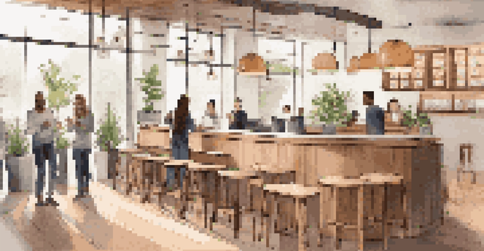 A cozy coffee shop with customers enjoying their drinks and a digital screen showing a blockchain loyalty program.