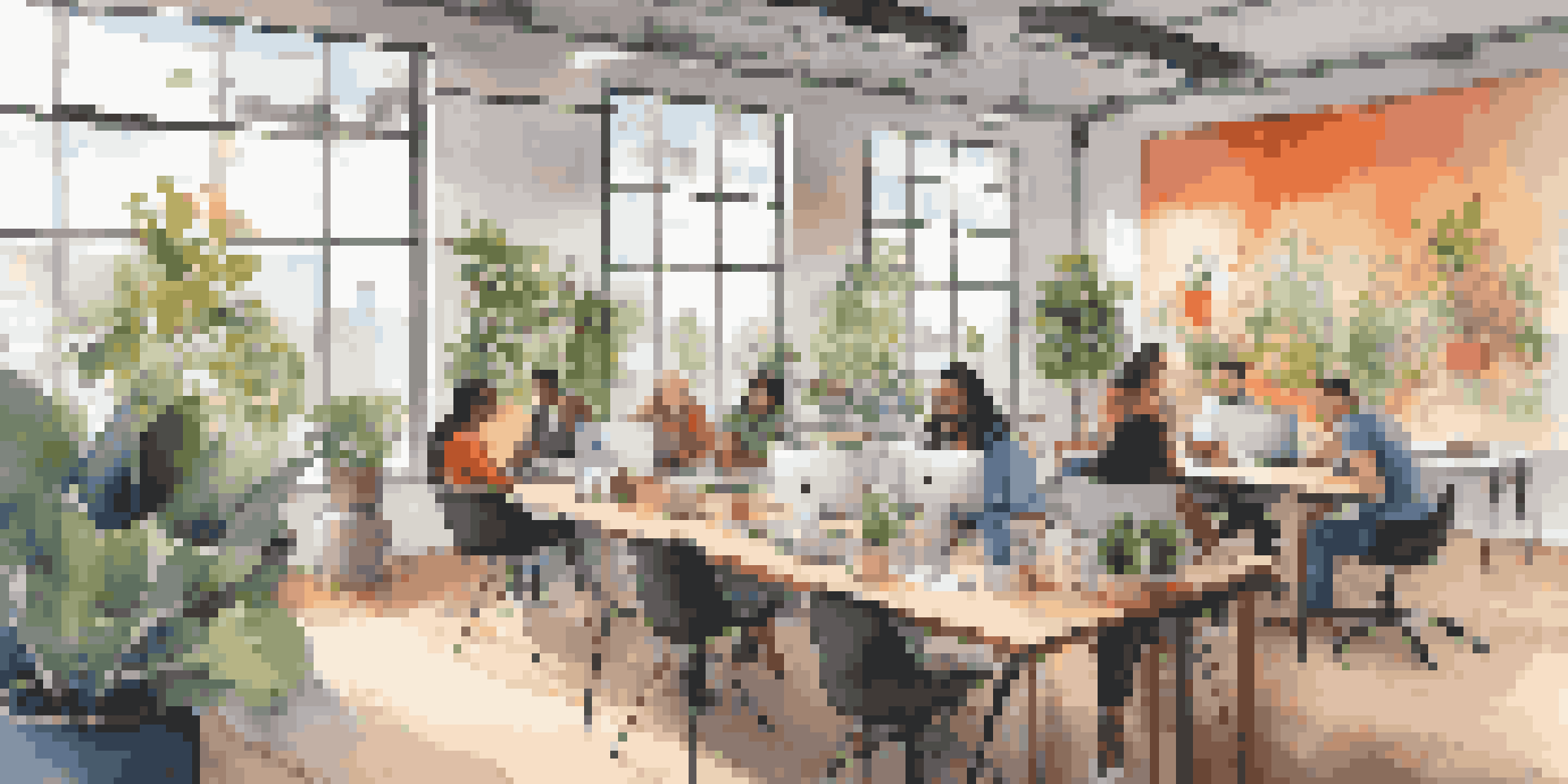 A bright and modern co-working space with diverse entrepreneurs working together at a large table, surrounded by plants and colorful artwork.