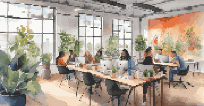 A bright and modern co-working space with diverse entrepreneurs working together at a large table, surrounded by plants and colorful artwork.