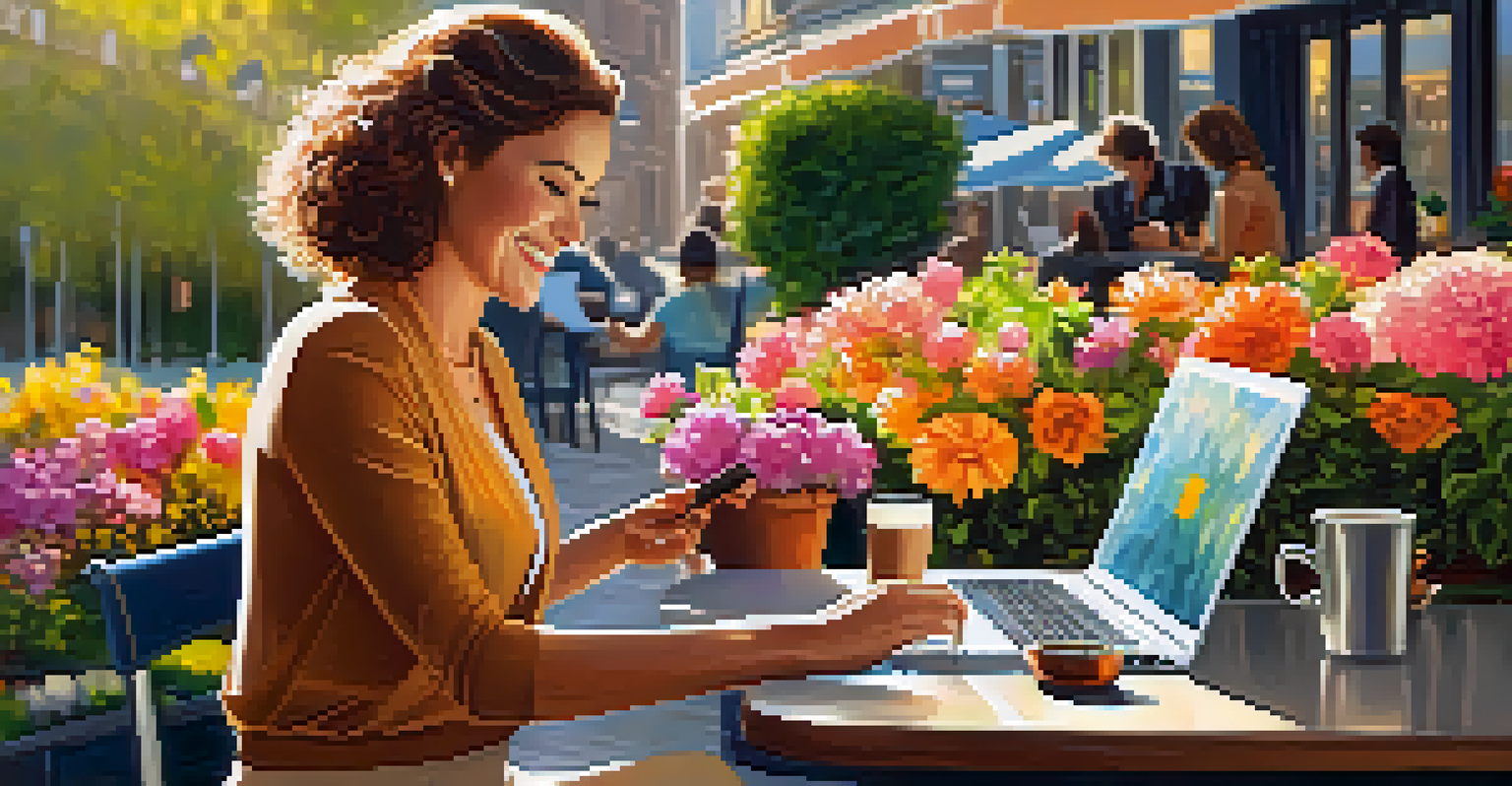 A professional woman working on a laptop at a café, smiling with flowers in the background.