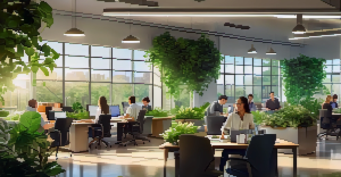 A bright, green office with employees working together at a table, surrounded by plants and recycling bins, highlighting a culture of sustainability.