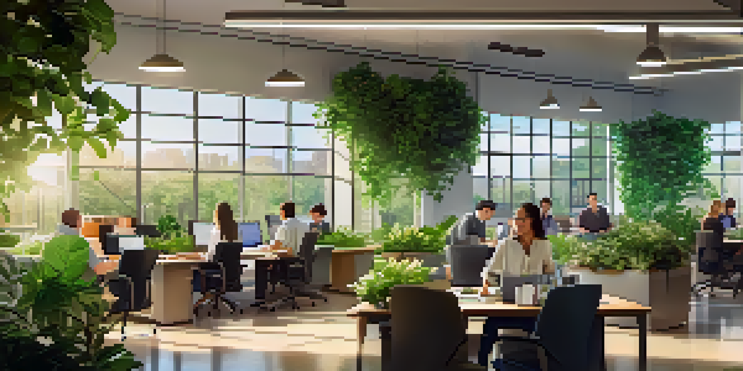 A bright, green office with employees working together at a table, surrounded by plants and recycling bins, highlighting a culture of sustainability.