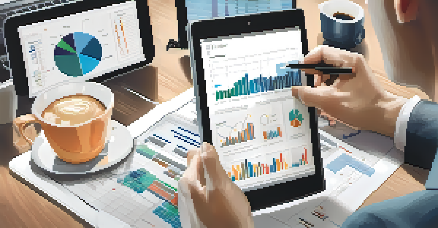 A person analyzing data on a tablet with graphs and charts, surrounded by office elements.