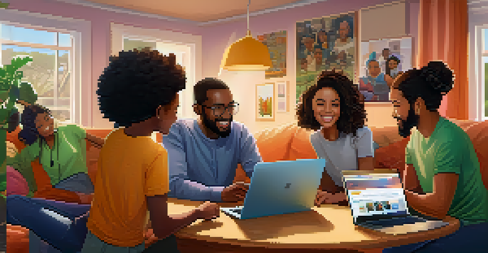A diverse group of people in a cozy living room, excitedly engaging with a laptop displaying a crowdfunding campaign.