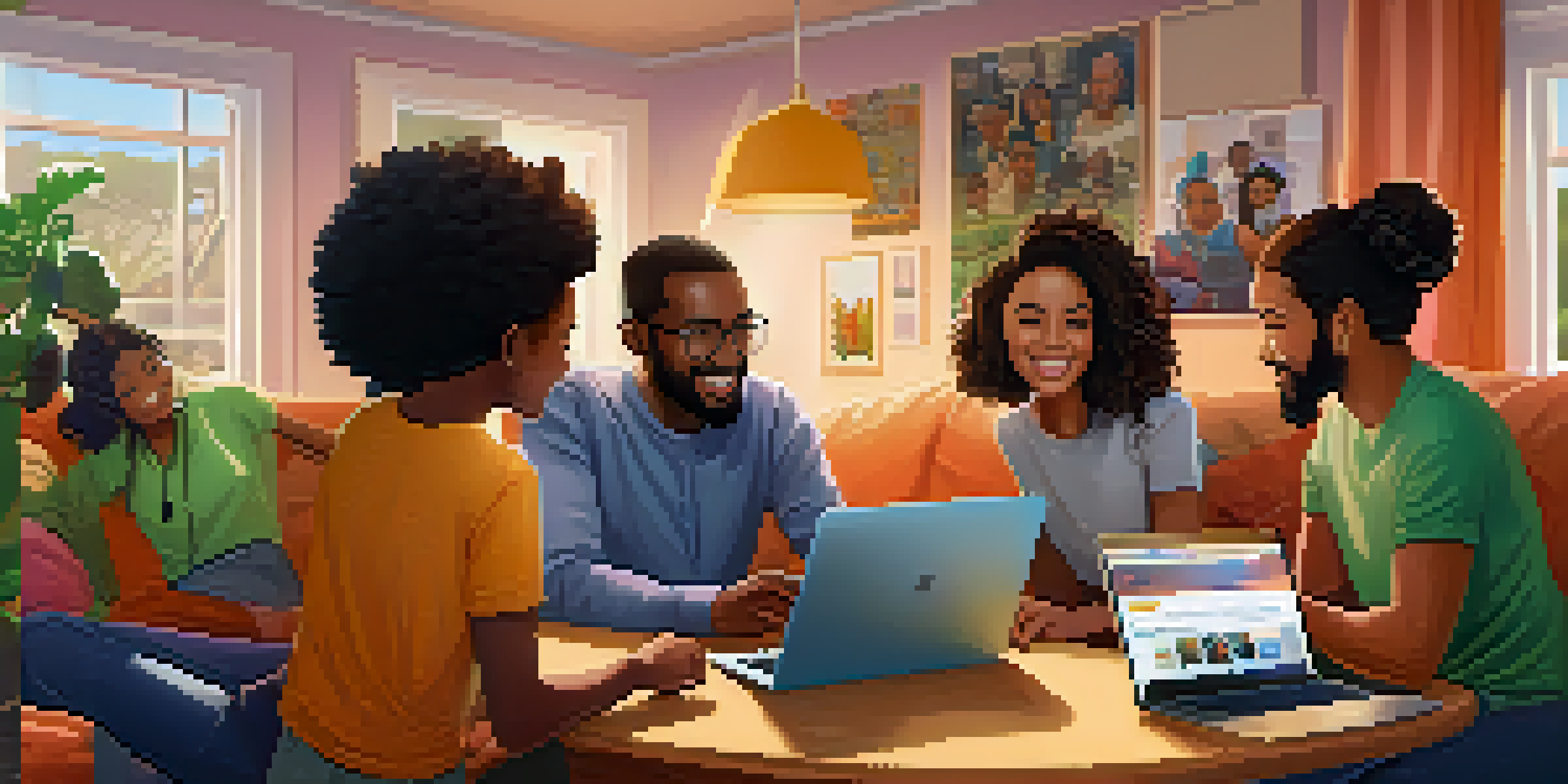 A diverse group of people in a cozy living room, excitedly engaging with a laptop displaying a crowdfunding campaign.