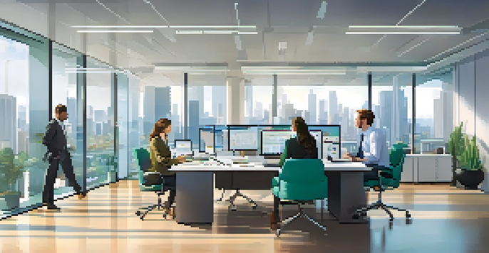 A diverse group of professionals collaborating in a modern office space with city skyline views.