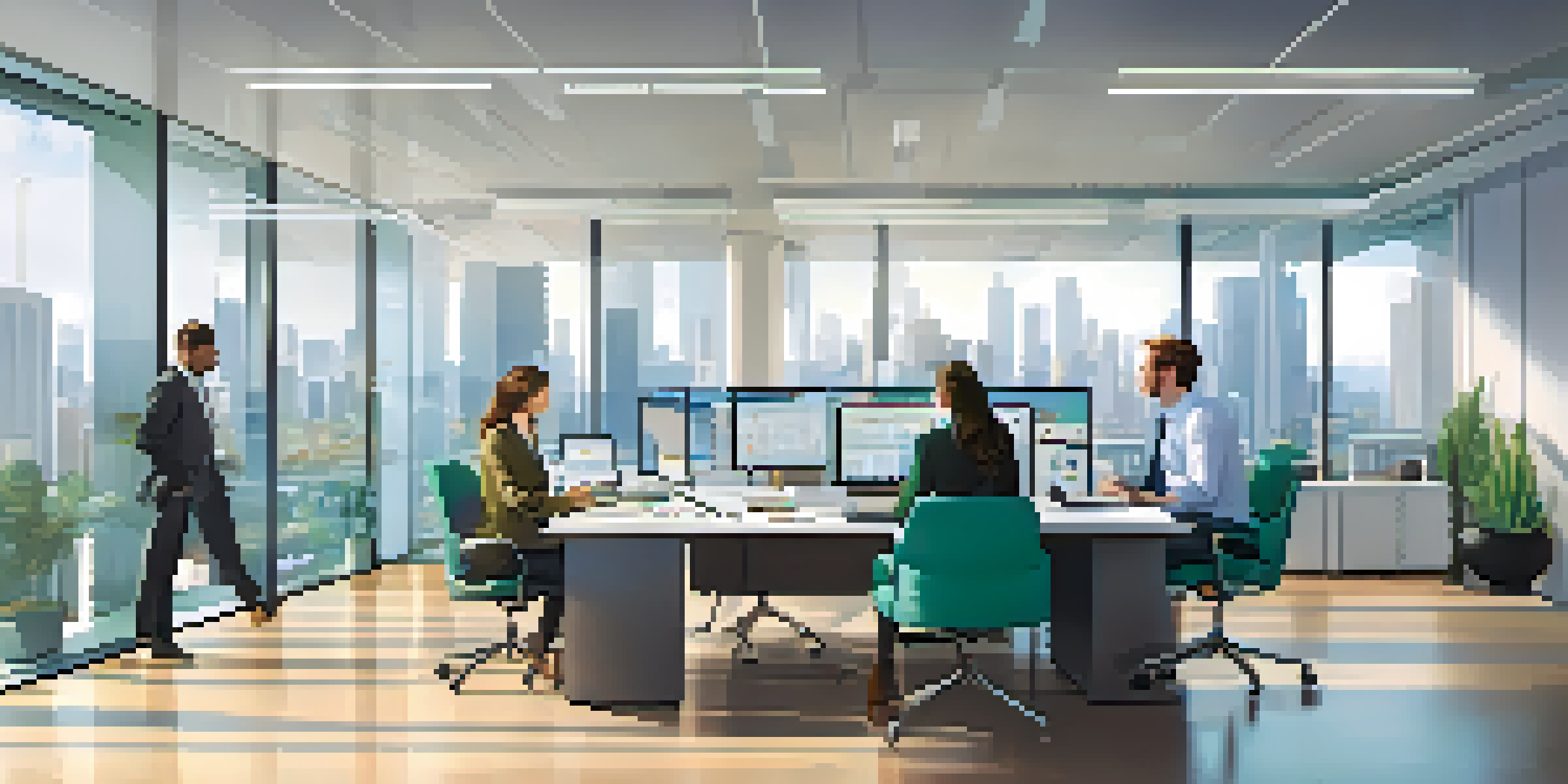 A diverse group of professionals collaborating in a modern office space with city skyline views.