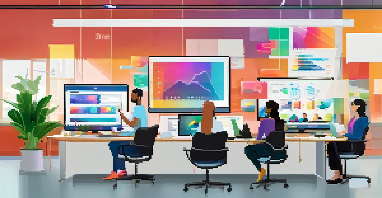 A group of professionals collaborating on laptops in a modern office, using digital tools for brainstorming and innovation.