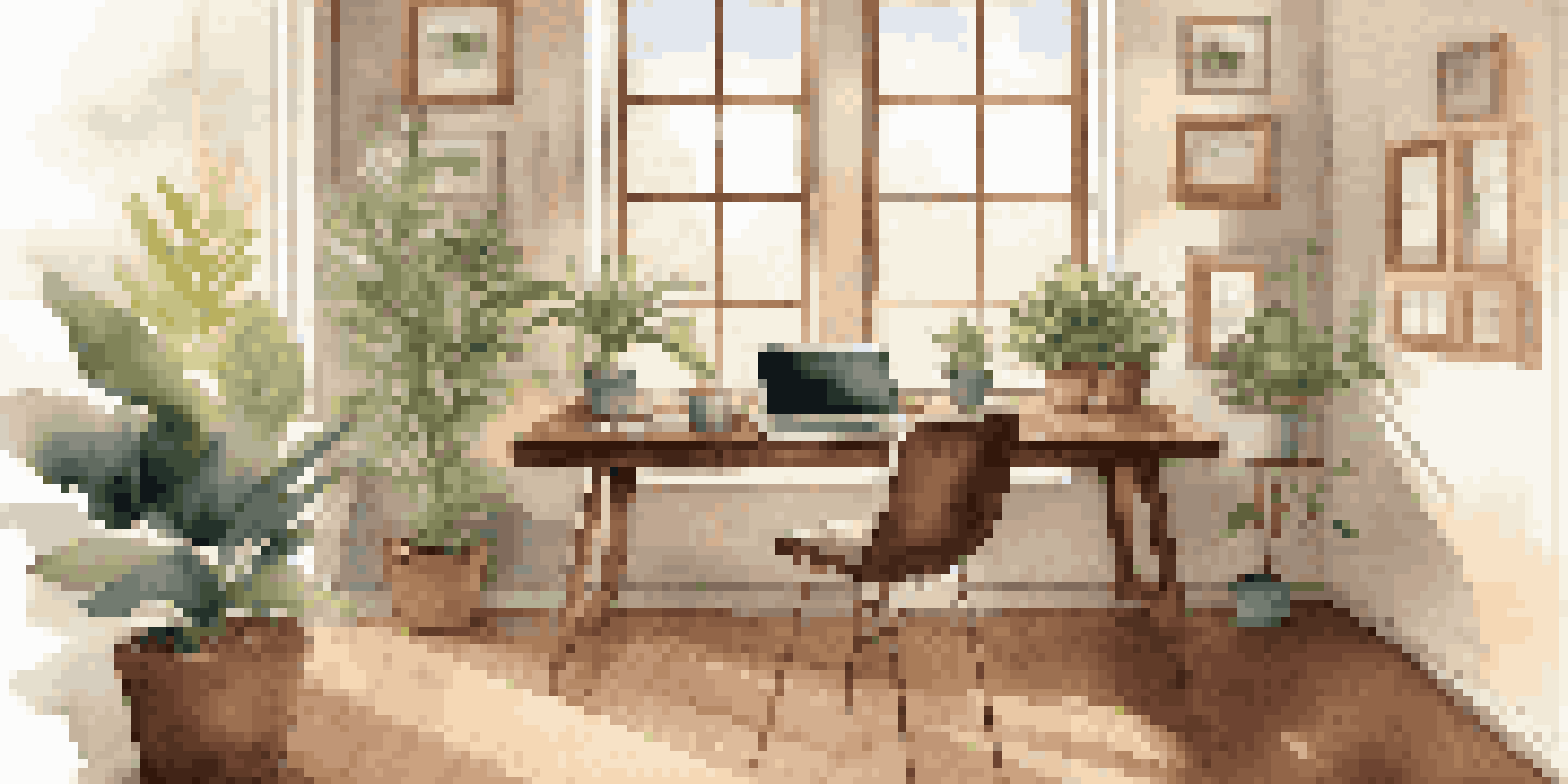 A peaceful office workspace with a wooden desk, laptop, potted plant, and coffee cup, illuminated by natural light from a window.