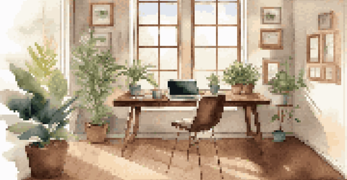 A peaceful office workspace with a wooden desk, laptop, potted plant, and coffee cup, illuminated by natural light from a window.
