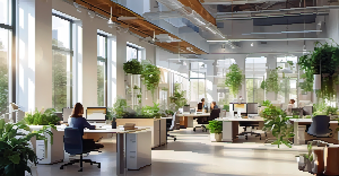 A bright and spacious modern office with collaborative workspaces and diverse employees working together.