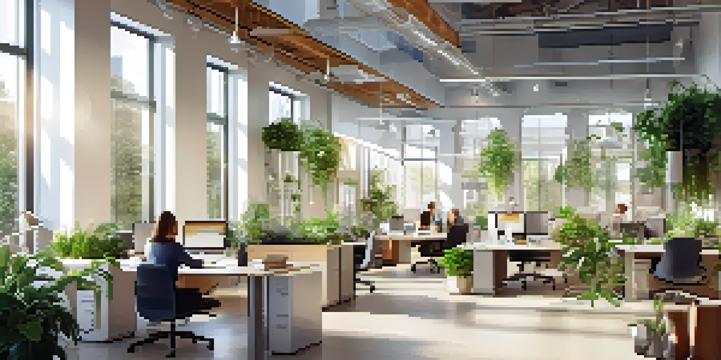 A bright and spacious modern office with collaborative workspaces and diverse employees working together.