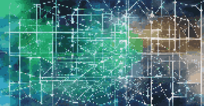 An illustration of a blockchain network with interconnected blocks and glowing data lines.